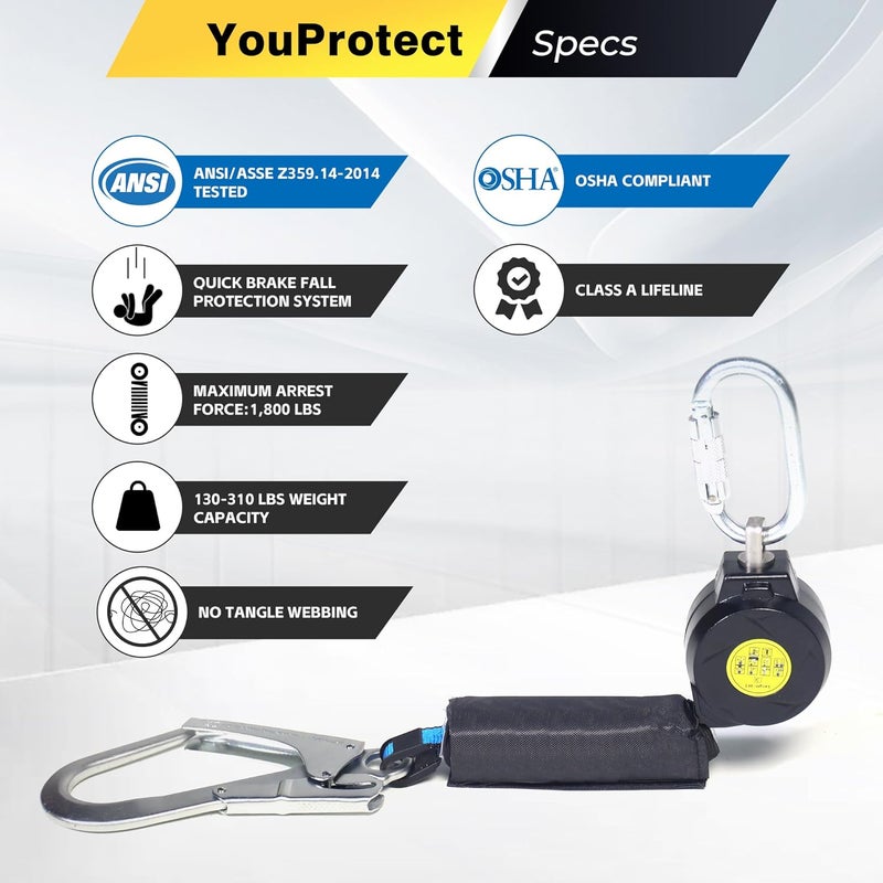 uProtect 6FT Self Retracting Lifeline Fall Protection Retractable Lanyard, Fall Arrest Safety Yoyo for Construction Industrial - OSHA/ANSI Compliant (Large Hook) - Image 3